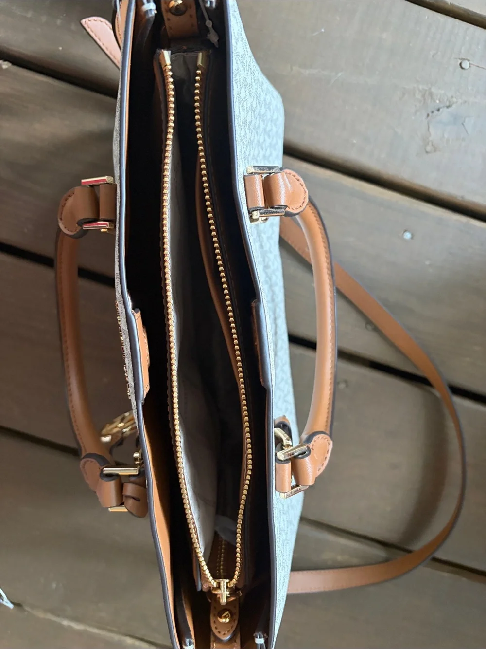 Michael Kors Cream & Tan Logo Satchel with Gold Hardware